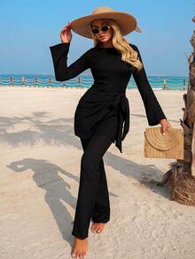 Swim Mulvari Women's Middle Eastern Style Modest Two Pieces Swimsuit, Long Sleeve Maxi Dress & Flared Pants Set, Cinched Waist Belt, Fashionable & Slimming, Suitable For Beach & Vacation - Black - View 5