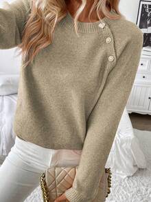SHEIN PETITE Women's Casual Oblique Collar Button Design Sweater, Autumn/Winter - Khaki - View 4