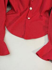 SHEIN ChicEase Elegant And Stylish T-Shirt   Slim-Fit With Flared Sleeves And Decorative Collar Trim   Long-Sleeved Round-Neck T-Shirt   Spring T-Shirt   Red Women's T-Shirt   Valentine's Day T-Shirt   Women's Elegant T-Shirt   Women's Party T-Shirt Cute Red Tops - Red - View 5