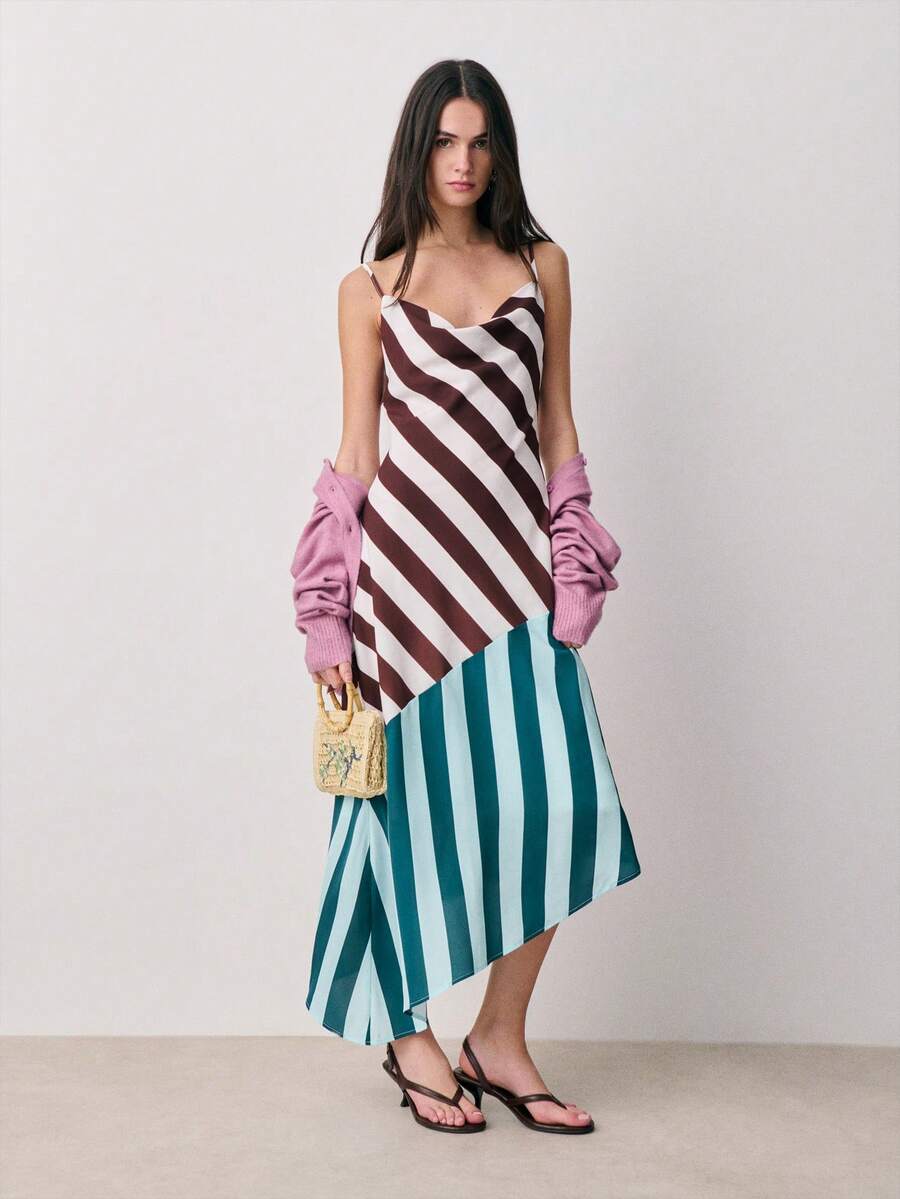 Nöista Sleeveless Strappy Dress Features Bold Diagonal Stripes. With A Flattering Asymmetrical Hem . With Adjustables Staps On Back. Spring, Summer, Women. - Multicolor - View 1