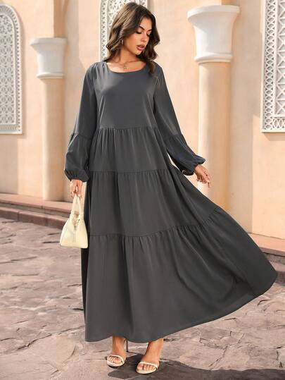 Al Najma Women's Solid Color Round Neck Lantern Sleeve Ruffle Hem Loose Arabic Style Dress