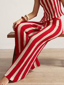 Bohemela Women's Belted Striped Casual Wide Leg Knit Pants - Red - View 5