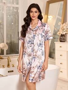 SHEIN Women's Elegant Floral Print Faux Silk Robe Dress, Summer - Pink - View 7