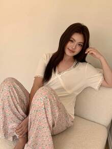 Dazy Plus Plus Size Women Contrast Lace Bow Decor Short Sleeve Top And Pants Pajama Set - White - View 4