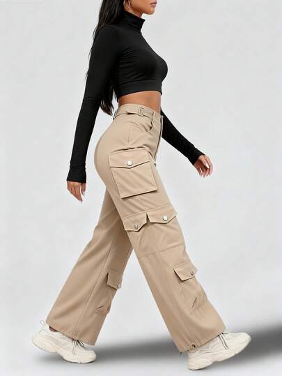 Pantalones cargo funcionales de tiro alto y ajustes, pantalones sueltos y rectos de pierna ancha para mujer