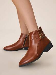 Styleloop Women's Buckle Design Casual Everyday Versatile Chunky Heel Ankle Boots - Burgundy - View 5