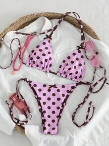 Swim Mod Women's Spring/Summer Beach Music Festival Polka Dot Print Bow Tie, No Cup, Reversible Halter Beautiful Back Bikini Set - Multicolor - View 5