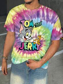 TOM & JERRY X SHEIN Men's Letter & Cartoon Pattern Tie-Dye Crew Neck Short Sleeve T-Shirt - White - View 7