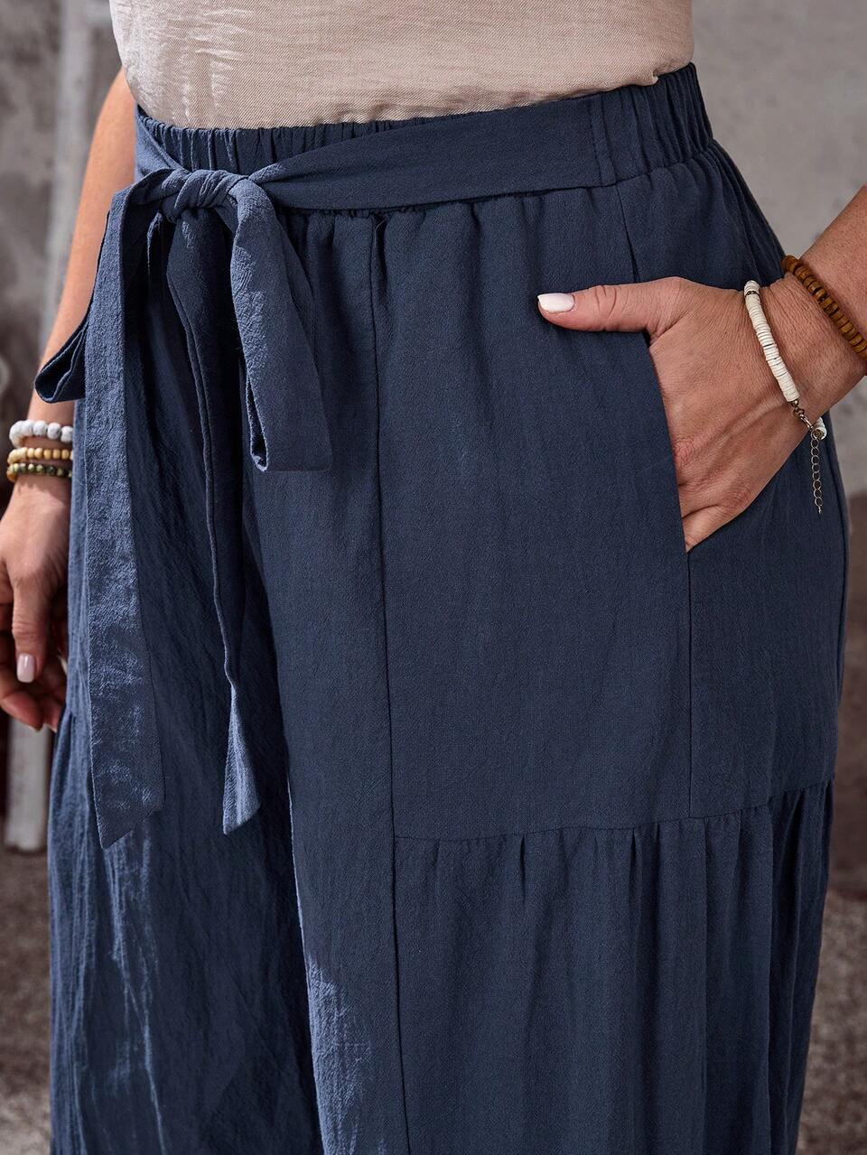 Plus Size Women's Navy Blue Wide Leg Pants With Pockets,100% Cotton Tie-Up Casual Loose Boho Pants,Autumn Holiday Summer Vacation Fashion