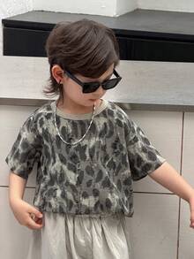 DAZY 男童全印花圆领短袖休闲做旧宽松T恤 - 灰色 - 查看 6