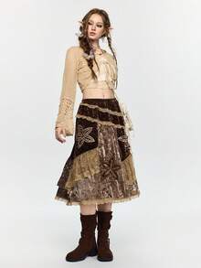 ROMWE Fairycore 仙女风天鹅绒撞色蕾丝中长裙 - 彩色 - 查看 4