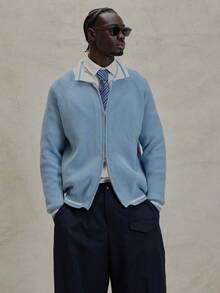 Musero 长袖针织拉链毛衣外套撞色领针织套头衫冬季必备 - 藍白色 - 查看 1