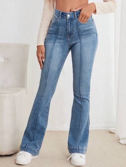 SHEIN PETITE Jeans acampanados de talle alto con bolsillos, versátiles y casuales para mujer
