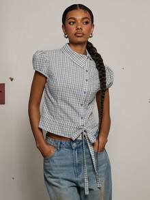 COUREZ PUFF SLEEVE ASYMMETRIC TIE FRONT SHIRT - Blue and White - View 1