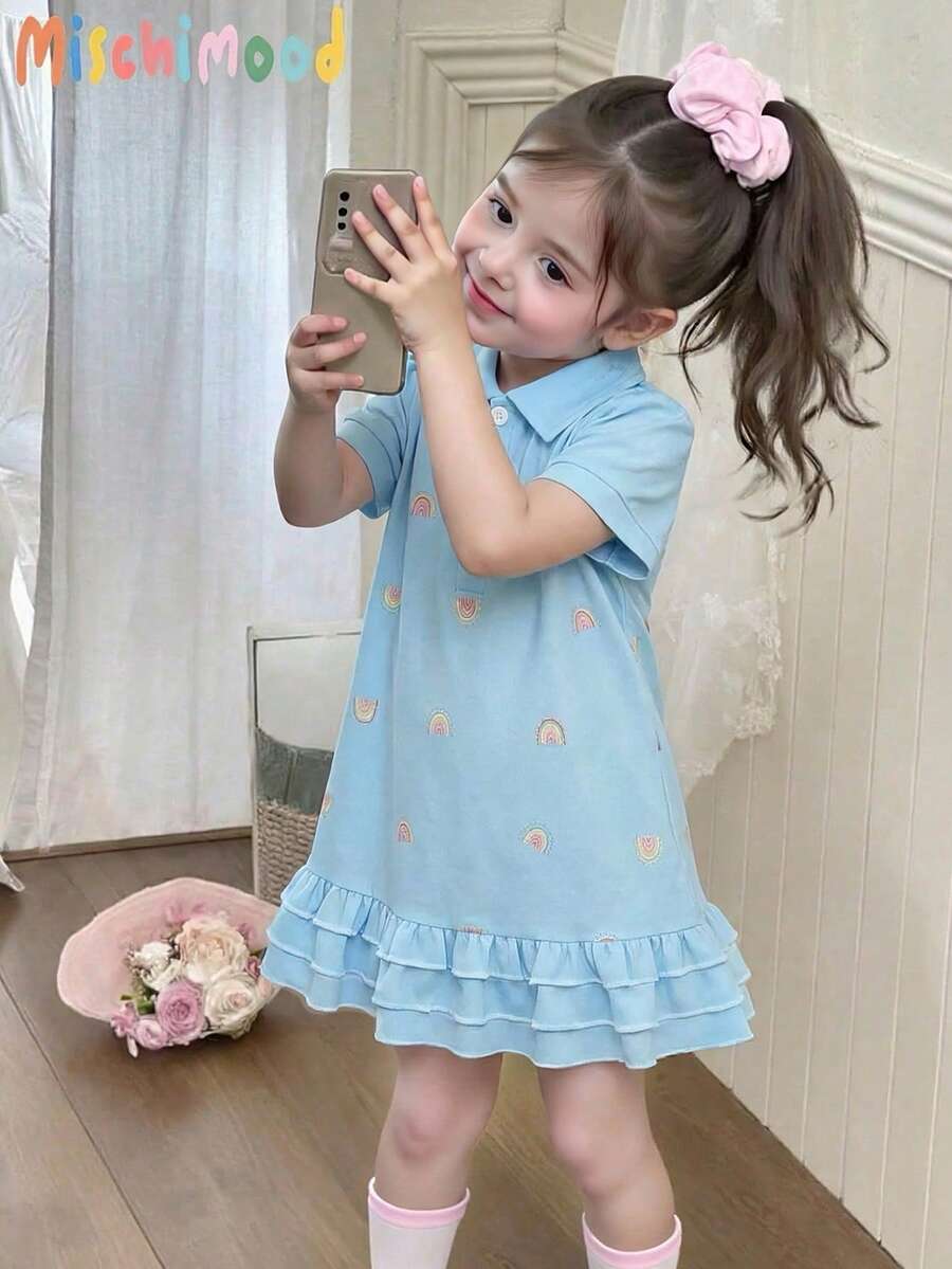 SHEIN 女婴休闲短袖polo领彩虹印花荷叶边下摆连衣裙 - 淺藍色 - 查看 1