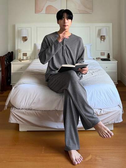 DAZY 男士灰色标签设计家居服套装，春季