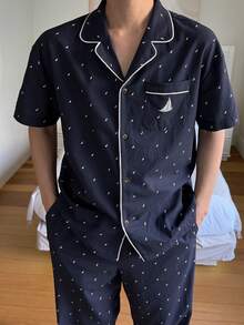 DAZY Men's Polka Dot Floral Print Shirt And Pants Pajama Set, Spring/Summer - Blue - View 4