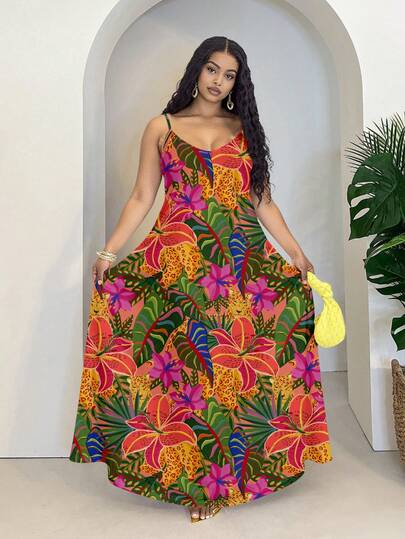 Slaydiva Plus Size Women Tropical Floral Print Spaghetti Strap A-Line Dress, Suitable For Vacation