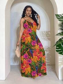 Slaydiva Plus Size Women Tropical Floral Print Spaghetti Strap A-Line Dress, Suitable For Vacation - Multicolor - View 3