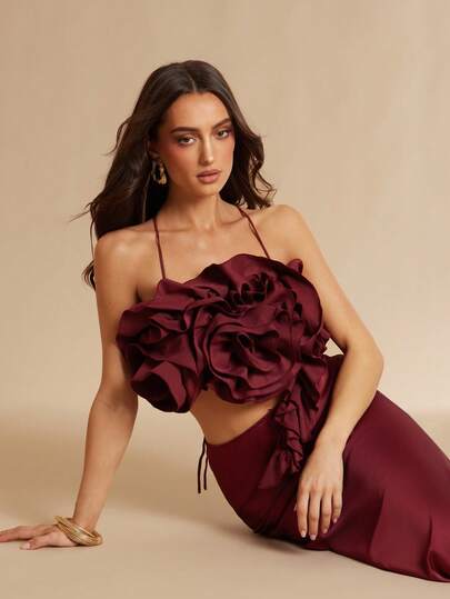 Silquee Women's Deep Red Elegant Three-Dimensional Floral Vest, Full-Flower Vest, Ruffled Floral Cropped Camisole Paired With A Fishtail Maxi Skirt Two-Piece Set; Suitable For Carnivals, Parties, Elegant Banquets, Wedding Guests, And Luxurious Evening Gowns. This Strapless Two-Piece Set Is Also Suitable For Dates, Graduation Ceremonies, Concerts, Bridesmaid Dresses, Weddings, And Romantic Occasions. Simple Style, Elegant For Everyday Wear. Asymmetrical White Dress Set, Slip Dress Set;