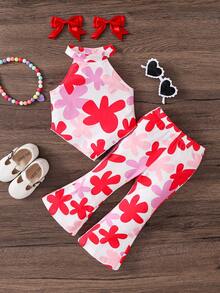 SHEIN Babygirl 2pcs Set, Fashionable Heart Knitted Halter Top And Flare Pants - Multicolor - View 1