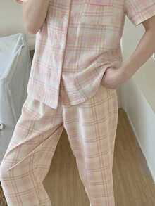 2件套女童休闲格子开衫短袖上衣和裤子睡衣套装 - 淺粉色 - 查看 6