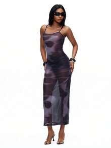 TypaGal Y2K Sexy Summer Black Stylish Chic Bold Modern Women's Fashion Carnival Party Beach Vacation Street Casual  Face Print Fashion Mesh Bodycon Spaghetti Strap Dress - Black and White - View 4