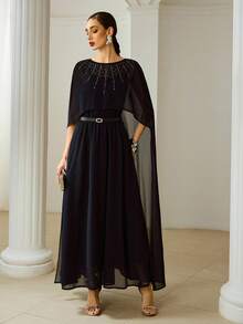 ZEYLAH 优雅水钻装饰斗篷式连衣裙，女士款 - 藏蓝色 - 查看 6