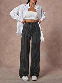 SHEIN Marinblå randiga kostymbyxor med rak passform och knappar framtill för kvinnor - Marinblå - Visa 6