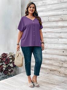 EMERY ROSE Áo sơ mi ngắn tay màu cam đính cúc dành cho nữ cỡ lớn, thích hợp cho mùa xuân. - Màu tím - Xem 5