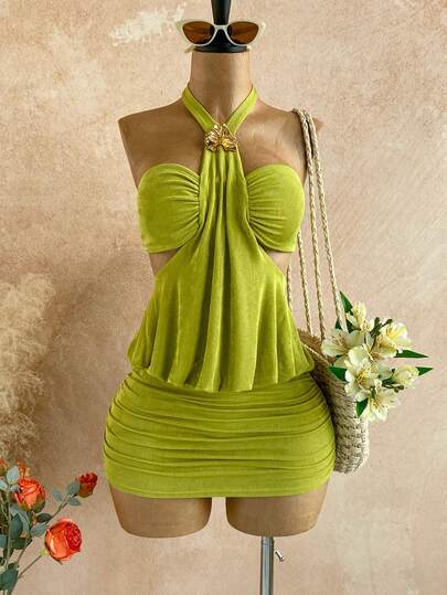 Soleia Vacation Strapless Metallic Halter Tie Waist Hollow Out Bodycon Mini Dress, Bohemian, Boho, Vacation, Fall Women Clothes, Vintage, Holiday