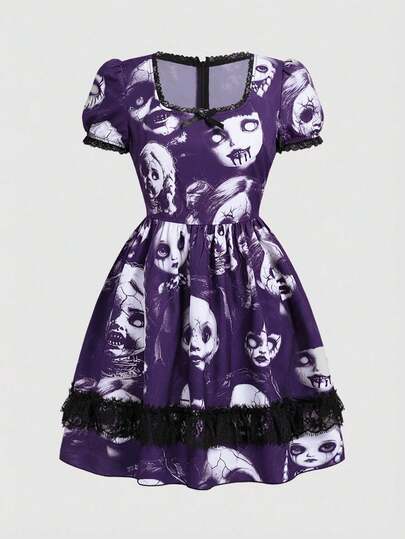 ROMWE Spring/SummergraphicGothic Dark Witch Lace Patchwork Doll Print Short Dress For Women