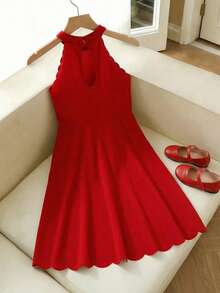 SHEIN 少女休闲优雅时尚纯红色立领无袖A字连衣裙，优雅花瓣下摆弧形下摆无袖连衣裙，情人节连衣裙 - 紅色 - 查看 3