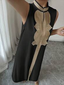 Rafferiza 中东风格女式金色镶边无袖开衩连衣裙 - 黑色 - 查看 8