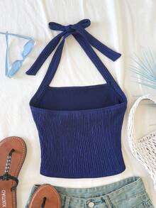 SHEIN 少女修身休闲简约舒适纹理面料吊带背心 - 藏蓝色 - 查看 2
