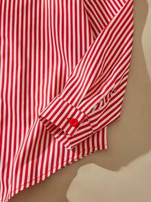 Anewsta Girls' Casual Loose Fit Single-Breasted Shirt With Bow Tie, Red Striped Long Sleeve Blouse - Red - View 10