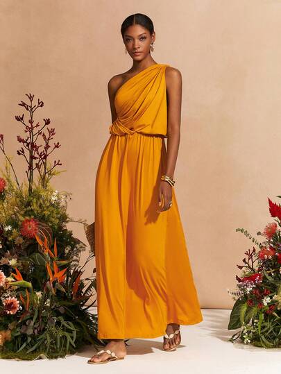 Zivah 2026 春季新款地中海度假风芥末黄不对称肩部褶皱装饰拼接喇叭下摆针织长裙