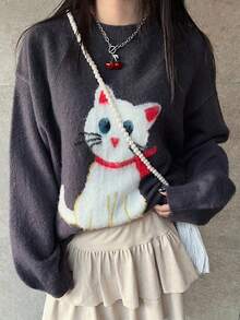 FRIFUL Áo len nữ màu trơn cổ tròn vai rớt tay dài họa tiết mèo móc len, dáng rộng thoải mái, đa năng, thích hợp cho mùa thu/đông. - Màu xám đen - Xem 7