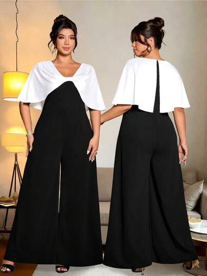 Cravure Plus Size Women's Elegant Contrast Color Bow Decor Jumpsuit