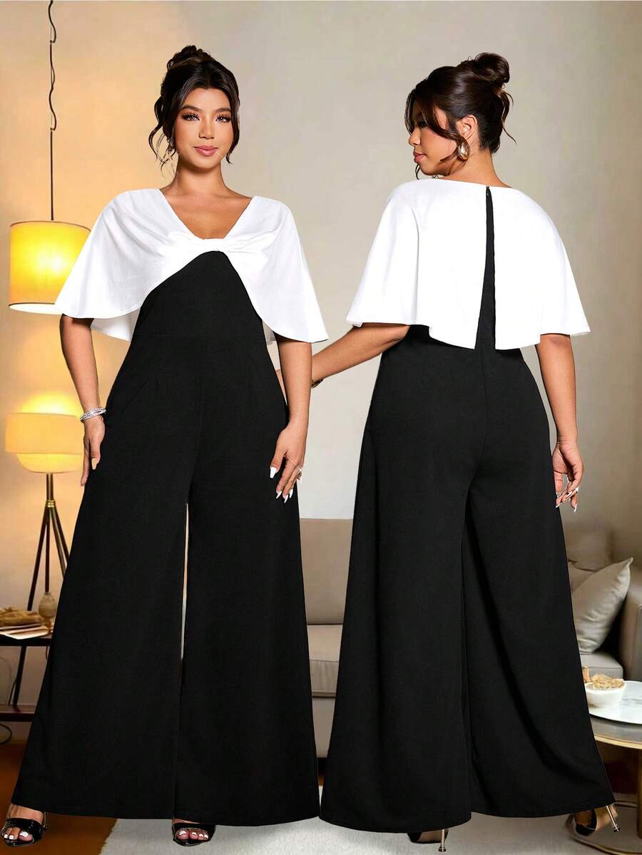 Cravure Mono elegante con lazo decorativo y contraste de color para mujer talla grande - Negro - Ver 1
