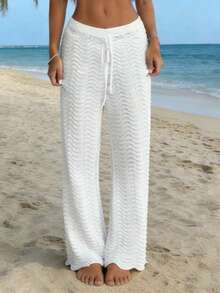 Glamine Women's Perforated Texture Straight Leg Casual Knit Pants, Spring/Autumn White Beach Pants White Wide Leg Pants Women Lace Up Pants - Apricot - View 3
