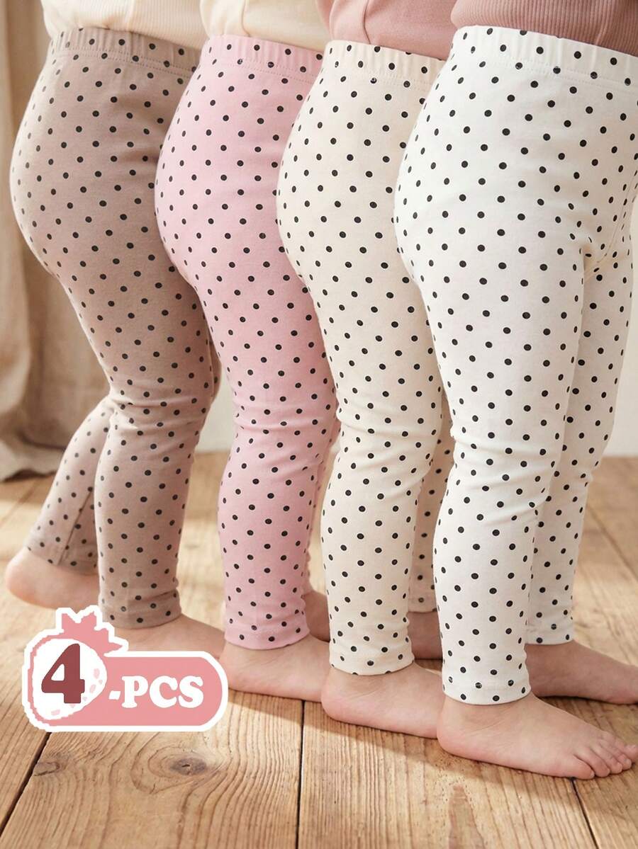 SHEIN Vintaside Kids 4件套女婴/幼儿休闲百搭简约百搭柔软透气打底裤，黑白条纹、粉色、杏色纯色可选，性价比高，适合春夏室内外玩耍 - 彩色 - 查看 1