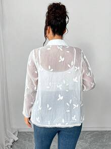 Elenzga 大码女式长袖衬衫，轻盈3D刺绣花卉蕾丝饰边，优雅休闲性感透视春夏百搭白色衬衫 - 杏色 - 查看 2