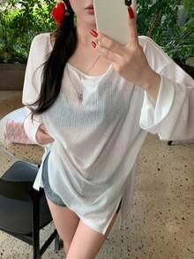 DAZY Áo thun nữ dáng rộng, vai rớt, xẻ tà, màu trơn, thích hợp cho mùa hè. - trắng - Xem 3