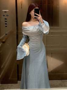 DAZY Đầm dài trễ vai xếp ly dành cho nữ, có lớp lót giữ nhiệt, thích hợp cho mùa tựu trường và các dịp trang trọng. - Xám Xanh - Xem 2