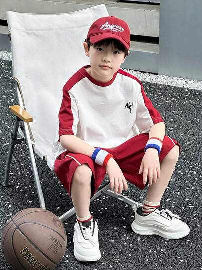 SHEIN 青少年男童宽松街头运动拼接短袖短裤套装