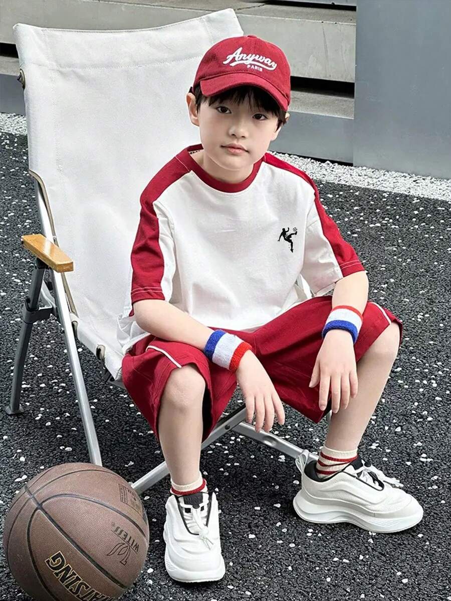 SHEIN 青少年男童宽松街头运动拼接短袖短裤套装