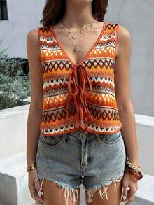 Pariaura 女士休闲性感波西米亚风彩色V领系带无袖背心，夏季上衣，适合海滩度假、春假、音乐节等场合，日常休闲百搭，女士休闲上衣，优雅女士上衣，嬉皮风上衣，波西米亚风夏季上衣，女士波西米亚风上衣，波西米亚风上衣，女士夏季上衣，女士休闲上衣，波西米亚风背心，女士波西米亚风钩针背心 - 彩色 - 查看 8