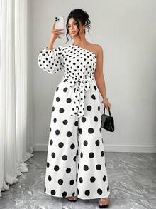 Elenzga Mono de pierna ancha de cintura ceñida con hombros oblicuos de manga larga y parches de lunares para mujer de talla grande, elegante, de moda, versátil, adecuado para salidas, primavera/verano - Blanco y Negro - Ver 3
