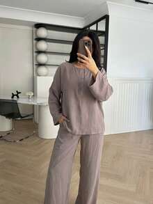 EMERY ROSE 2pcs Women Casual Loose Retro Linen Top And Pants Set - Coffee Brown - View 3